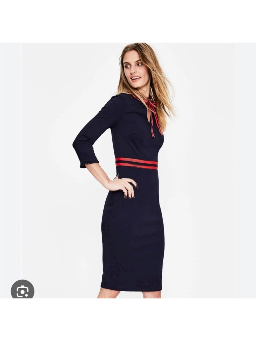 Boden Navy Midi Sheath Dress with Red Accent